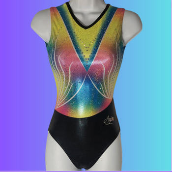Gymnastics tunic in black metallic lycra with vibrant gradient print on a glitter background. Elegance and sparkle for stunning performances! 1694