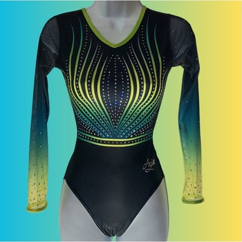 Long-sleeved leotard in sublimated gradient voile of green and yellow. Style and comfort for dazzling performances! 1686 Noir/vert