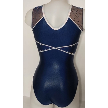 Navy blue metallic leotard, silver glitter net shoulder inserts. Shine and elegance for your performances! ✨ 1681