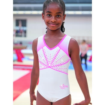 Matte white leotard with sublimated voile shoulders. Elegance and lightness to shine on stage! 1677