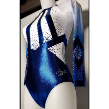 srie limite - Justaucorps manches longues bleu mtallis, motif dynamique blanc. Manches en voile  sublim! 98535