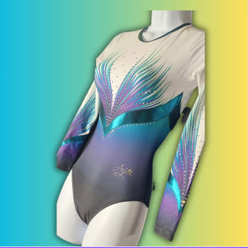 Printed leotard with blue flames and turquoise metallic insert. Bold style for vibrant performances! 1697