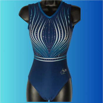 Sleeveless blue leotard with gradient flames and rhinestones. Perfect for bold and elegant performances. Make an impression on stage! 1687