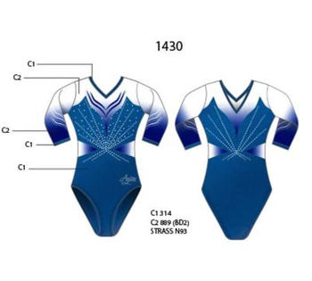 Vibrant metallic blue leotard with geometric rhinestone pattern and sublimated 3/4 mesh sleeves for sporty elegance 1430