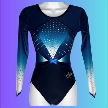 Modern blue leotard with geometric gradient and metallic accents. Captivating style for dynamic performances! 1400M