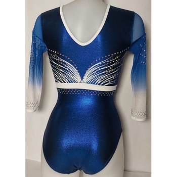 Long-sleeved leotard in Metallic Blue, dynamic white pattern. Sublimated sleeves for style and ultimate performance! 💫 1403B