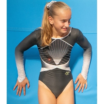 Gray-white-black striped leotard with matching printed sleeves. Shine and style for your performances! 🌟 1400N