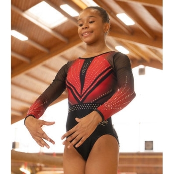 Gorgeous, symmetrical black/red leotard. Sublimated sleeves for stunning style and performance! 1683
