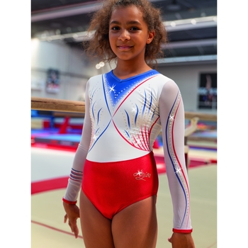 Discover our long-sleeved leotard in blue, white, and red. An iconic design for powerful performances! 1693