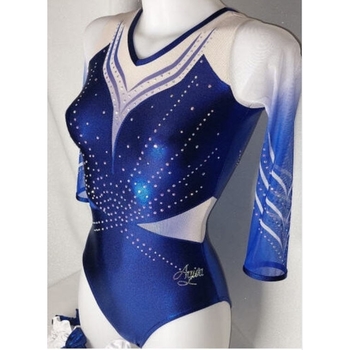 Vibrant metallic blue leotard with geometric rhinestone pattern and sublimated 3/4 mesh sleeves for sporty elegance