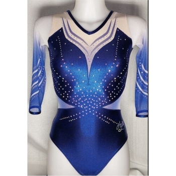Vibrant metallic blue leotard with geometric rhinestone pattern and sublimated 3/4 mesh sleeves for sporty elegance 1430
