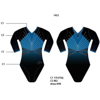 Metallic turquoise gradient leotard with matching rhinestones on the 3/4 sleeves, for sporty elegance 1432T