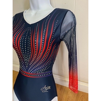 Long-sleeved leotard in sublimated gradient voile of green and yellow. Style and comfort for dazzling performances! 1686 Marine/rouge