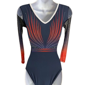 Long-sleeved leotard in sublimated gradient voile of green and yellow. Style and comfort for dazzling performances! 1686 Marine/rouge